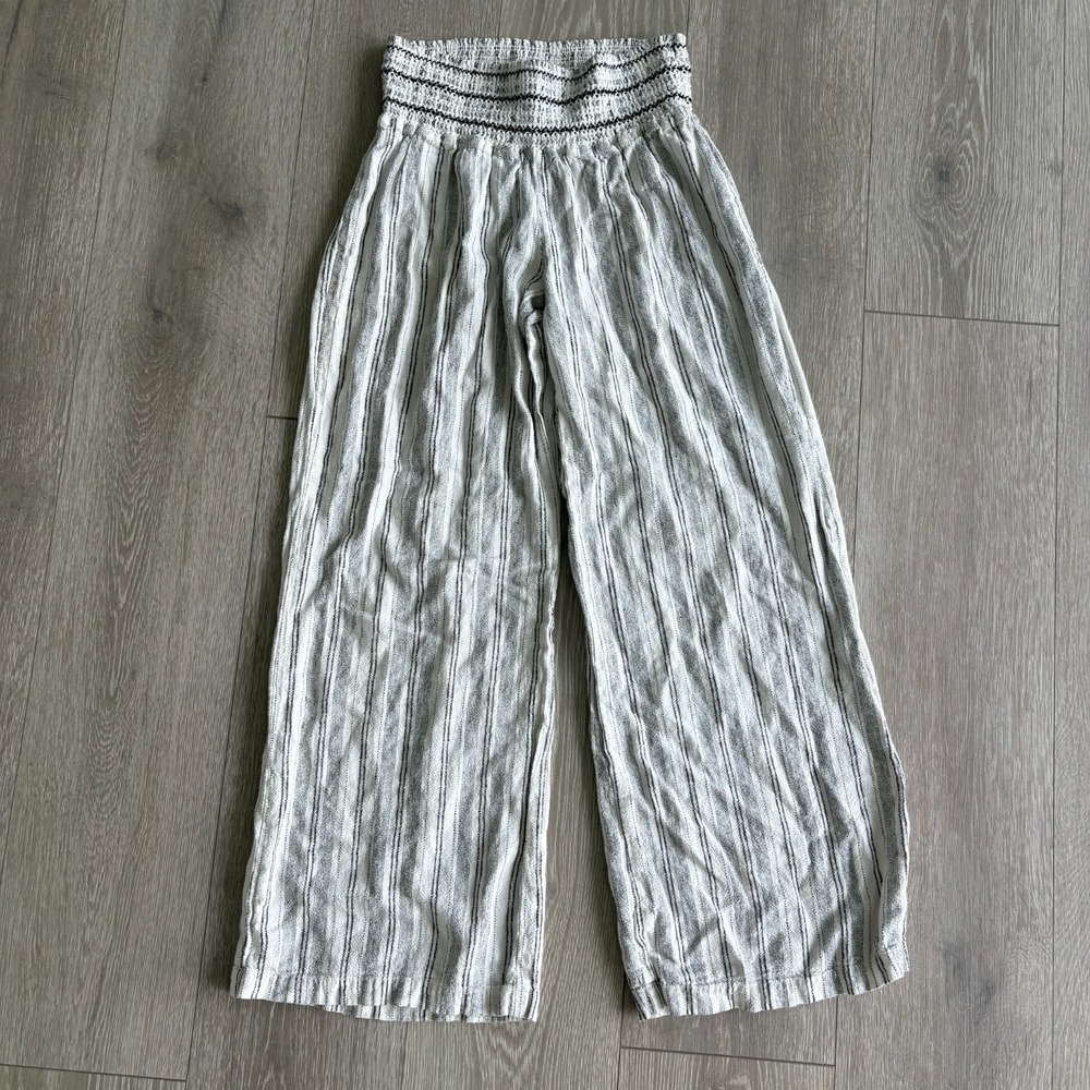 Rewash Womens White Striped Linen Smocked Waist Elastic Wide Leg Pants Size L